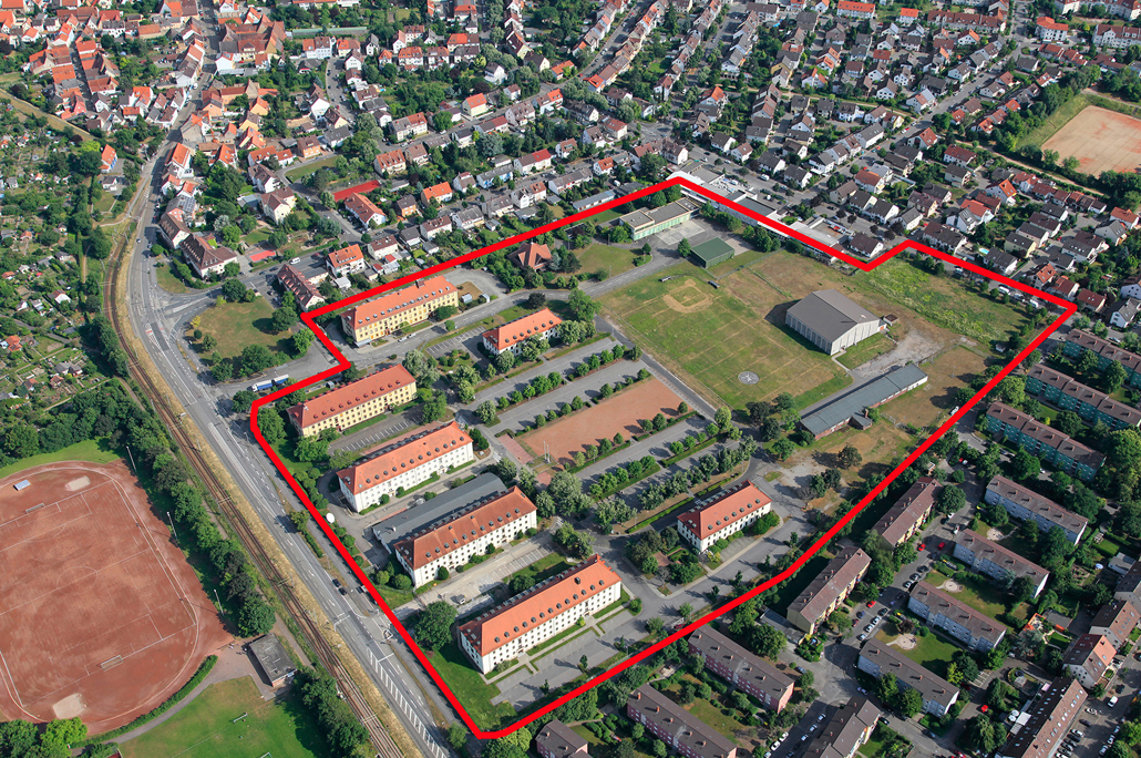 Überblick über die Konversionsfläche Hammonds Barracks in Mannheim (mit Umrahmung der Liegenschaftsgrenzen). (c) Kay Sommer, Mannheim