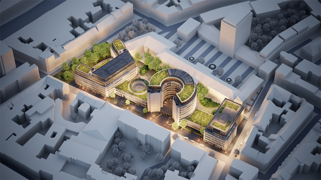 Das neue Quartier GERLING GARDEN aus der Luft gesehen. Visualisierung frei für redaktionelle Zwecke bei Quellennennung: © ALT/SHIFT