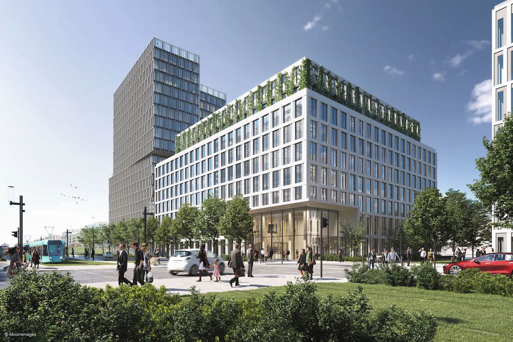 Frankfurts erstes Holz-Hybrid-Bürohaus "Timber Pioneer". Bildrechte: UBM Development/bloomimages. 