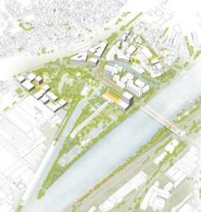 Visualisierung des Siegerentwurfs der Mehrfachbeauftragung „Stadt am Fluss – Vernetzung Untertürkheim“, Visualisierung: Labor für urbane Orte und Prozesse I Koeber Landschaftsarchitektur I Verkehrsplanung Link, Rechte: Landeshauptstadt Stuttgart.