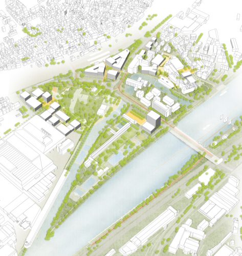 Visualisierung des Siegerentwurfs der Mehrfachbeauftragung „Stadt am Fluss – Vernetzung Untertürkheim“, Visualisierung: Labor für urbane Orte und Prozesse I Koeber Landschaftsarchitektur I Verkehrsplanung Link, Rechte: Landeshauptstadt Stuttgart.