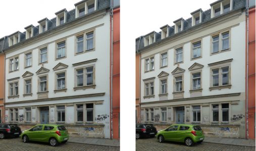 Beispiel für eine einfache Farbkorrektur am Haus Bischofsweg 40 in der Dresdener Neustadt, simuliert am Computer: Sockelzone, Brüstungsfelder und Zwischenräume der Fensterrahmungen und des Dachgebälks wurden eingefärbt (rechts). (c) Stefan Bürger / Uni Würzburg