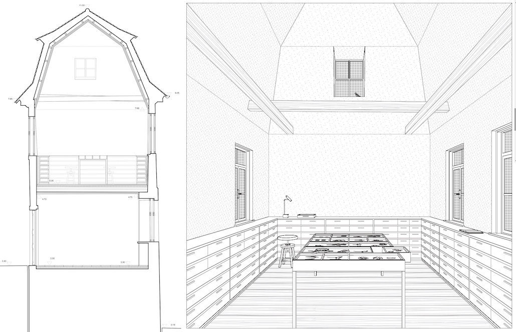 Bruno Fioretti Marquez: Gartenpavillon, Innenansicht mit freiem Dachraum + Schnittdarstellung © Bruno Fioretti Marquez