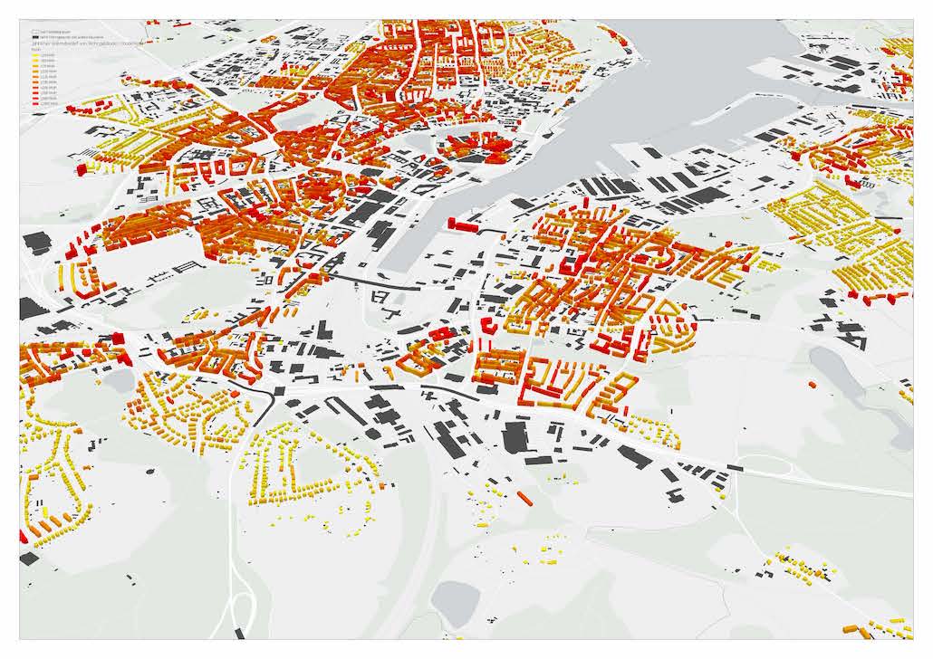 Blick auf die Kieler Hörn und das 3-D-Gebäudemodell der Stadt. Die roten Bereiche zeigen einen besonders hohen Energiebedarf. © Uni Kiel auf Datenbasis der Stadt Kiel