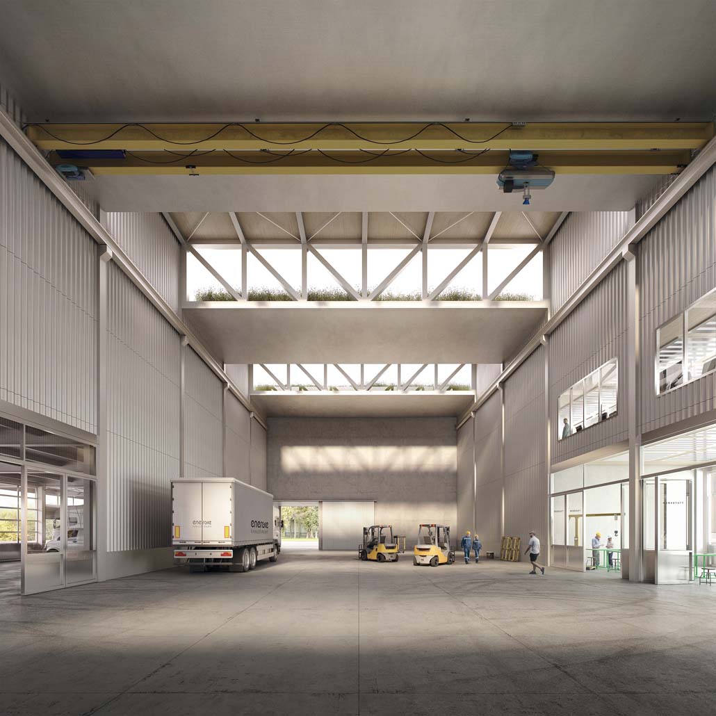 Fahrzeughalle und Logistikflächen. © ATP/Flooer