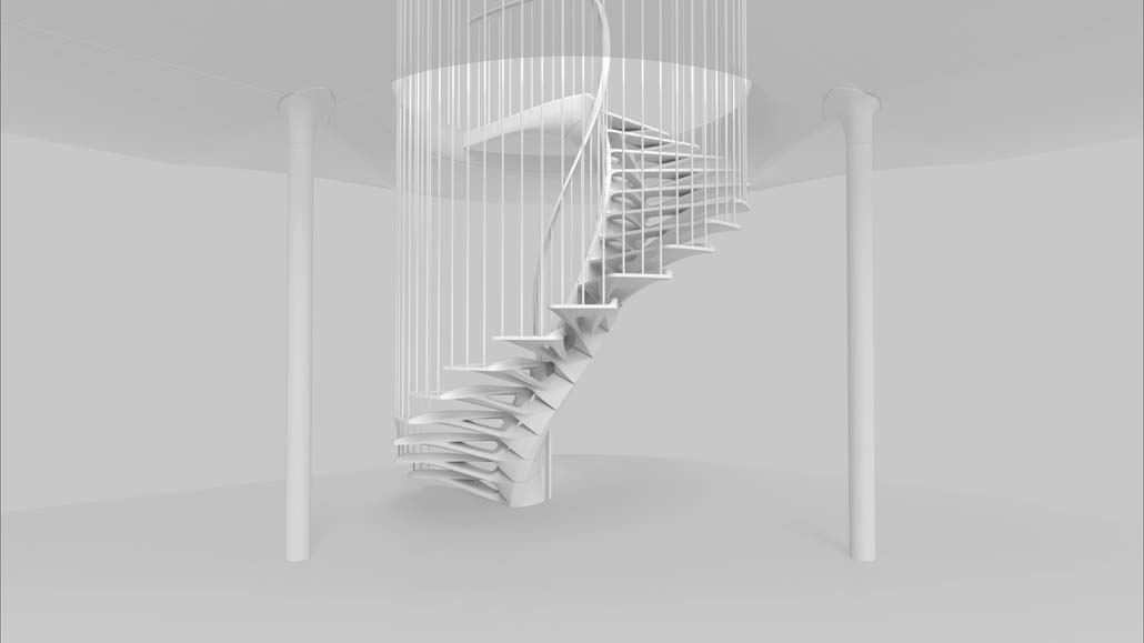 Die Stufen der «STEP2»-Treppe werden aufeinander aufgereiht und mittels der innovativen Vorspanntechnik des Empa-Spin-offs «re-fer» fixiert. (c) Digital Building Technologies, ETH Zürich