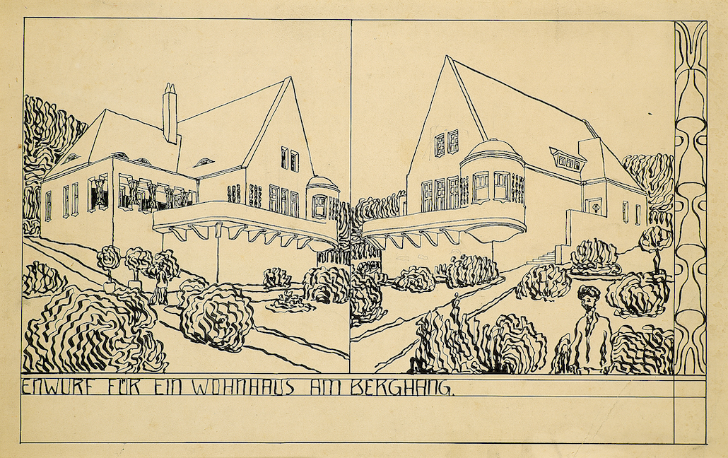 Ernst Ludwig KirchnerEntwurf für ein Wohnhaus am Berghang, perspektivische Ansichten, „Entwerfen von Hochbauten“ bei Prof. Hugo Hartung SoSe 1903
© Courtesy Galerie Henze & Ketterer, Riehen/Basel und Wichtrach/Bern