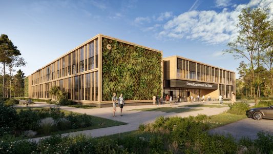 Den Architekten des Siegerentwurfs des Neubaus für das Labor- und Bürogebäudes des Umweltbundesamtes in Bad Elster gelingt es, Aspekte der Nachhaltigkeit zu integrieren (Visualisierung: F+P ARCHITEKTEN ZT GMBH / Barna Bozso).