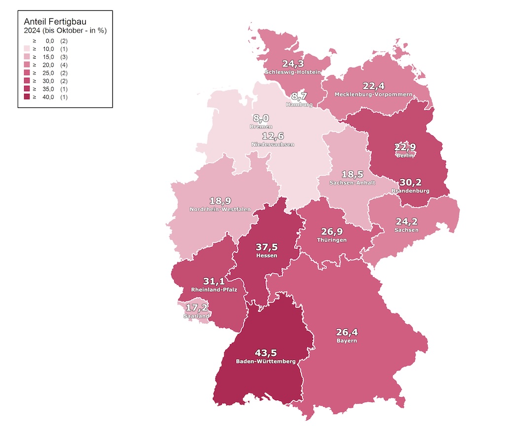 Fertighäuser sind im Süden Deutschlands besonders beliebt. Grafik: Statistisches Bundesamt/BDF