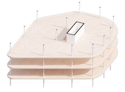 Implementierung des “Universal Timber Slabs” in einem exemplarischen Gebäudelayout. © ICD / Universität Stuttgart