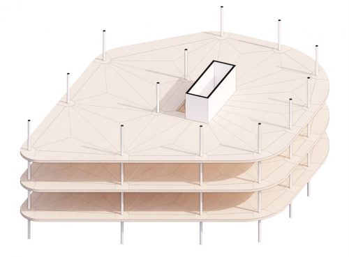 Implementierung des “Universal Timber Slabs” in einem exemplarischen Gebäudelayout. © ICD / Universität Stuttgart