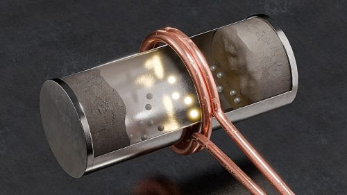 Funktionsschema der induktiven Beheizung eines Drehrohrreaktors bei der Zementherstellung: Um die schlechte elektrische Leitfähigkeit des Rohmaterials auszugleichen, werden sogenannte Suszeptoren hinzugefügt. Diese im Bild als Metallkugeln geformten Komponenten wandeln die mittels Induktion übertragene Energie effizient in Wärme um und verteilen sie gleichmäßig im Behältnis. Bild: HZDR / B.Schröder