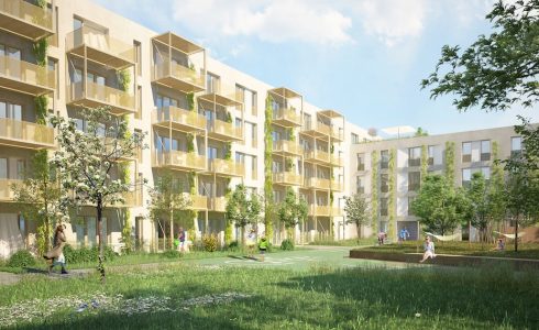 Grüner Hof mit Hopfenranken und Aufenthaltsqualitäten: BUWOG Lohfeldsiedlung. Visualisierung: luxfeld digital art für BUWOG