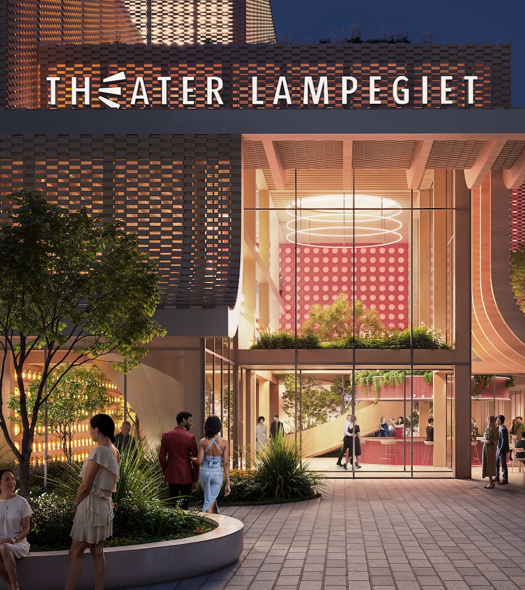 Der Entwurf von MVRDV für das neue Lampegiet-Theater in Veenendaal interpretiert das Gebäude als „urbane Laterne“, die sich zum Theaterplatz öffnet. © MVRDV