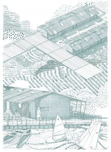 Ihren Entwurf „Flatpack Futures“ für modulare Klassenzimmer illustriert Unaiza Karim Ullah mit präzisen, handgezeichneten Visualisierungen. © Unaiza Karim Ullah