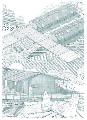 Ihren Entwurf „Flatpack Futures“ für modulare Klassenzimmer illustriert Unaiza Karim Ullah mit präzisen, handgezeichneten Visualisierungen. © Unaiza Karim Ullah