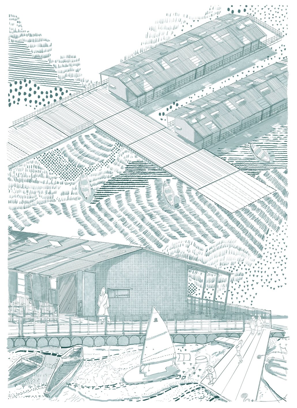 Ihren Entwurf „Flatpack Futures“ für modulare Klassenzimmer illustriert Unaiza Karim Ullah mit präzisen, handgezeichneten Visualisierungen. © Unaiza Karim Ullah