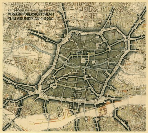 Eine der erfassten und nun online zugänglichen Karten stellt einen Entwurf für einen Verkehrsplan für Nürnberg dar. Der Plan wurde direkt auf einer gedruckten Kriegsschadenskarte von Nürnberg gezeichnet.