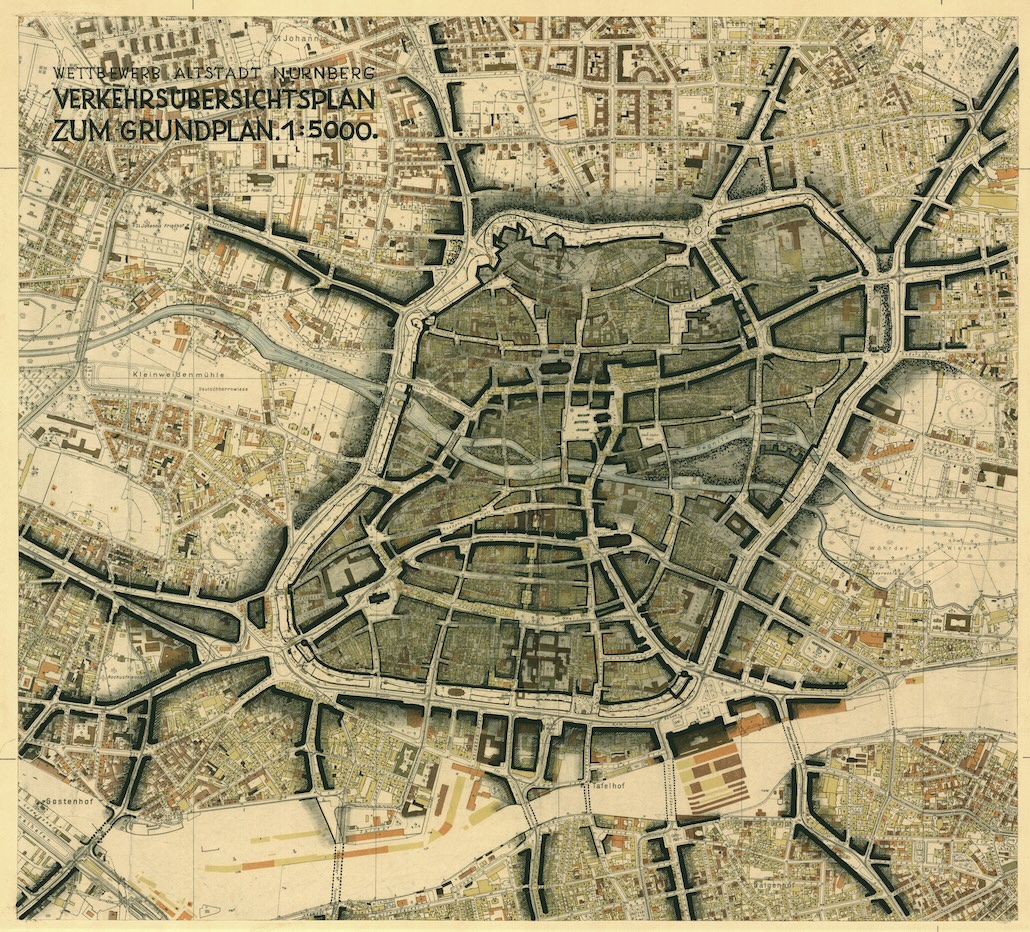 Eine der erfassten und nun online zugänglichen Karten stellt einen Entwurf für einen Verkehrsplan für Nürnberg dar. Der Plan wurde direkt auf einer gedruckten Kriegsschadenskarte von Nürnberg gezeichnet.