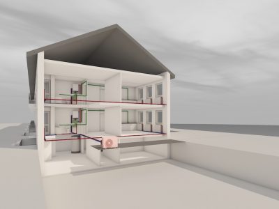 Visualisierung eines Beispielgebäudes mit zentraler Luft-Wasser-Wärmepumpe und dezentraler Brauchwarmwasser-Nacherwärmung.